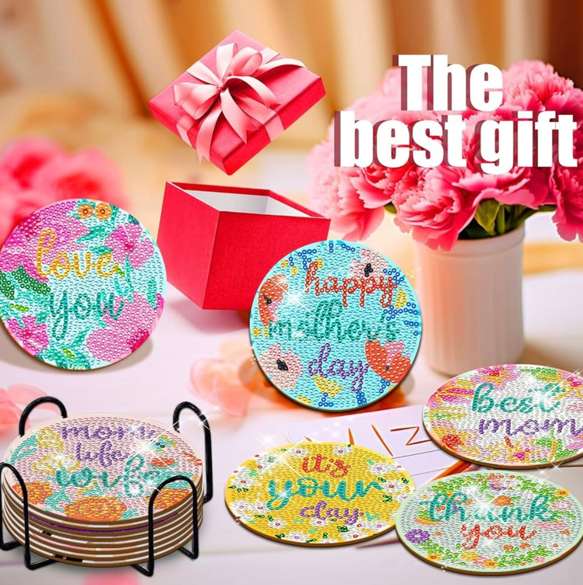 Handcrafted Jeweled 4 Pcs Coaster Set w/holder 4 pcs- Mother’s Day