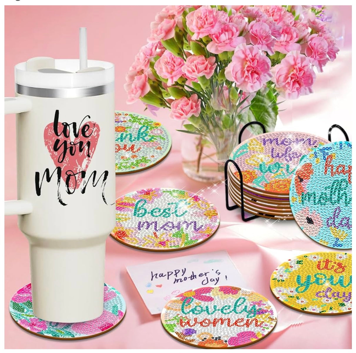 Handcrafted Jeweled 4 Pcs Coaster Set w/holder 4 pcs- Mother’s Day